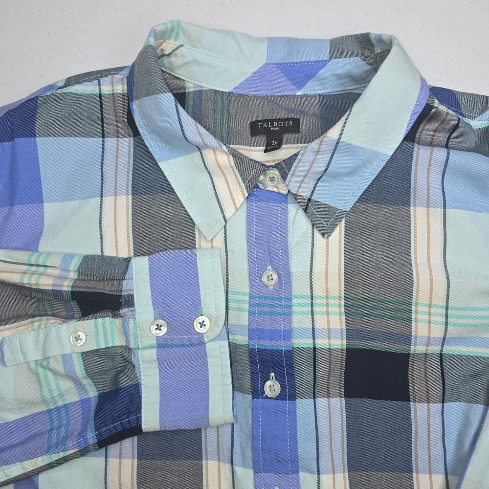 TALBOTS Women's 3X Blue White Brown Plaid Long Sleeve Shirt -2560